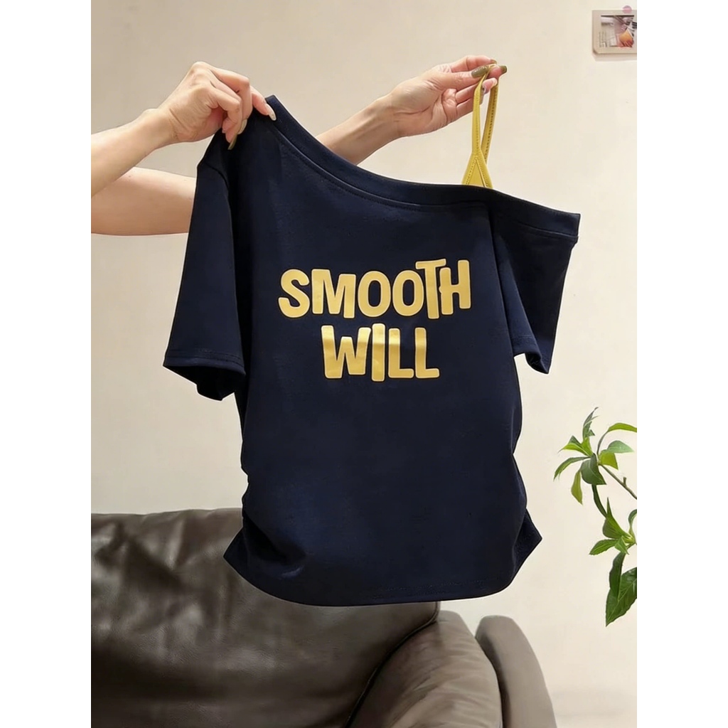 KANOKANO / Korean-Style / Off-Shoulder-T-shirt / SMOOTH-WILL-Print / Oversized / Baju-Wanita