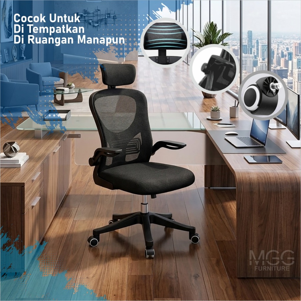 Office Chair / Kursi Kantor Kursi Kerja Jaring dengan Senderan Kepala Sangat Nyaman