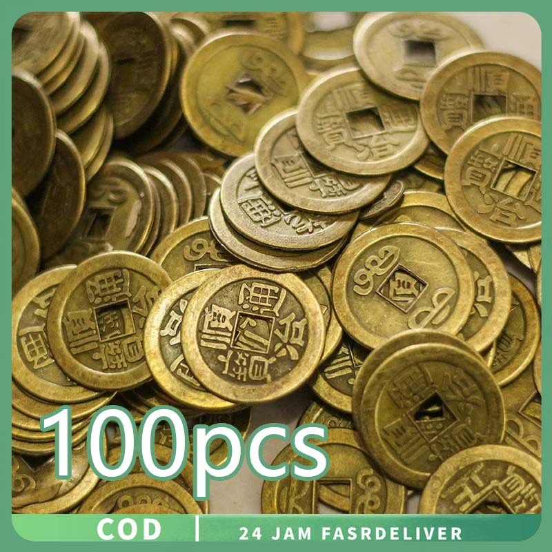 100pcs Uang Koin Kuno Feng Shui Tiongkok 1cm Koin Fengshui Rejeki Membawa Kekayaan Koin Kuno Emas