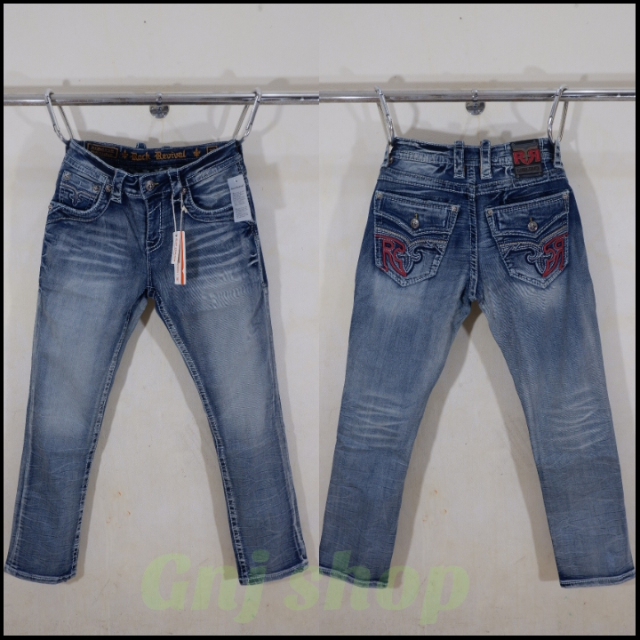 Celana panjang jeans pria rock revival R red greyton blue denim washed import full tag