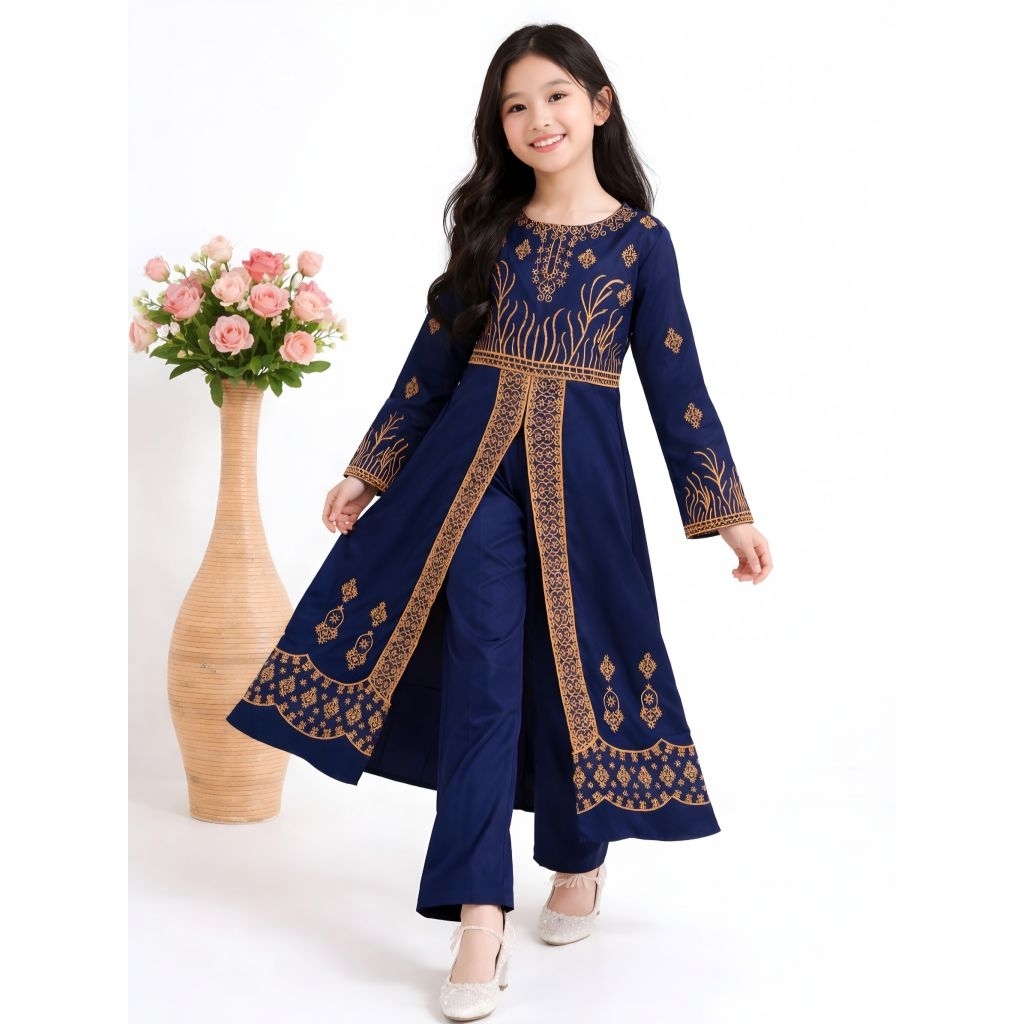 Kid Tanari Set Baju India Muslim Anak Perempuan Setelan Dress Tunik Bordir Etnik Elegan Lebaran Pest