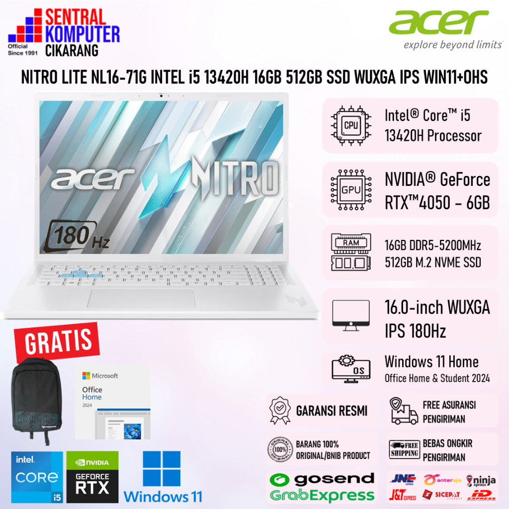 Acer Nitro Lite NL16 71G 55VC Intel i5 13420H 40GB DDR5 512GB SSD RTX4050 WUXGA IPS 180Hz W11+OHS