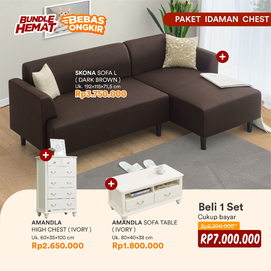 iFURNHOLIC - SET SOFA & MEJA  - SKONA SOFA - AMANDLA SOFA TABLE - AMANDLA HIGH CHEST - MEJA TAMU - S