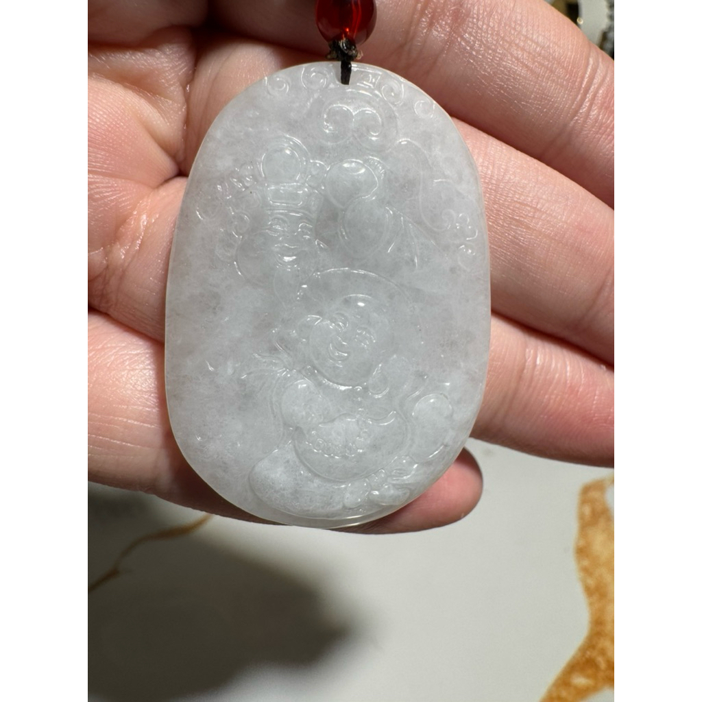 Liontin Giok Putih Buddha Maitreya & Chai Sen Ye