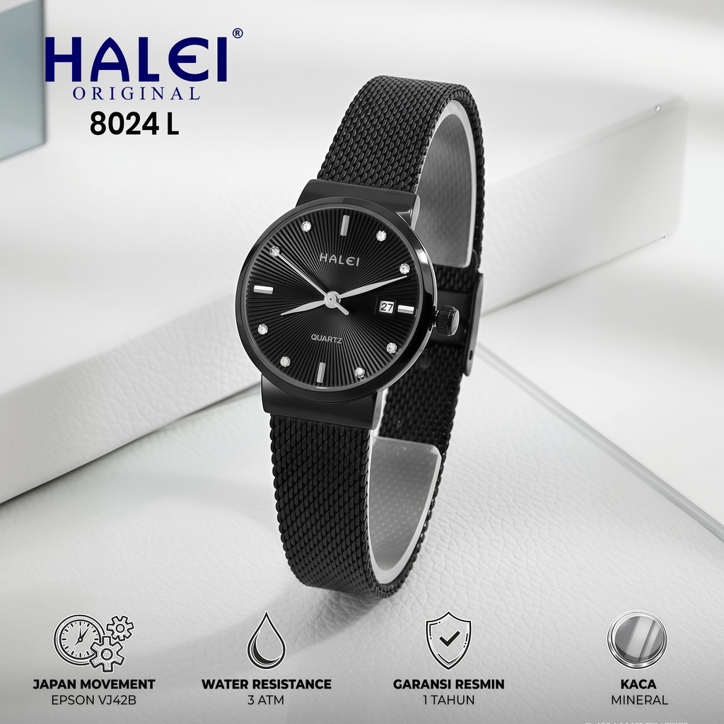 HALEI IND 8024 L - Bergaransi Jam Tangan Wanita Halei Original Fashion Elegan Rantai Mesh Stainless 
