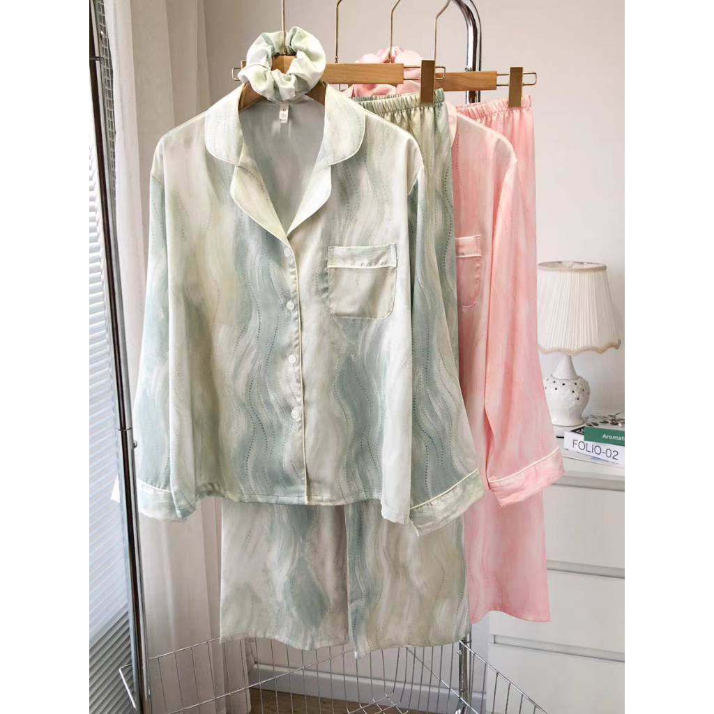 [COD]Set Lengan Panjang Rayon Premium Nyaman  Piyama Garis Halus Pakaian Rumah Wanita