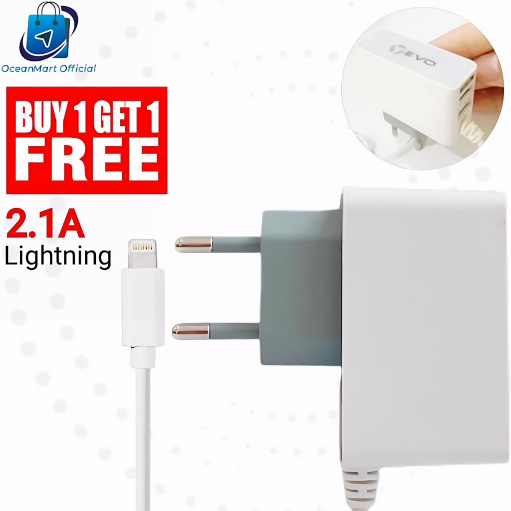 BUY 1 GET 1 Charger iPhone 6 7 8 EVO AC-100 Kabel Lightning Dual USB Fast Charging 2.1A