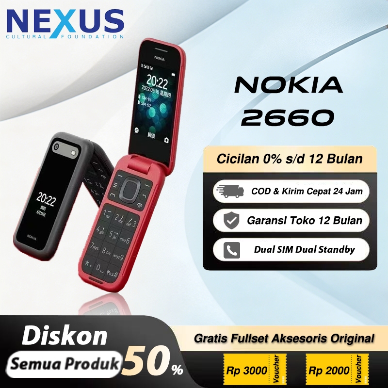 HP Nokia 2660 Flip 4G Dual SIM Layar 2.8" Kamera Bluetooth Baru Original Fullset Garansi Toko 1 Bula