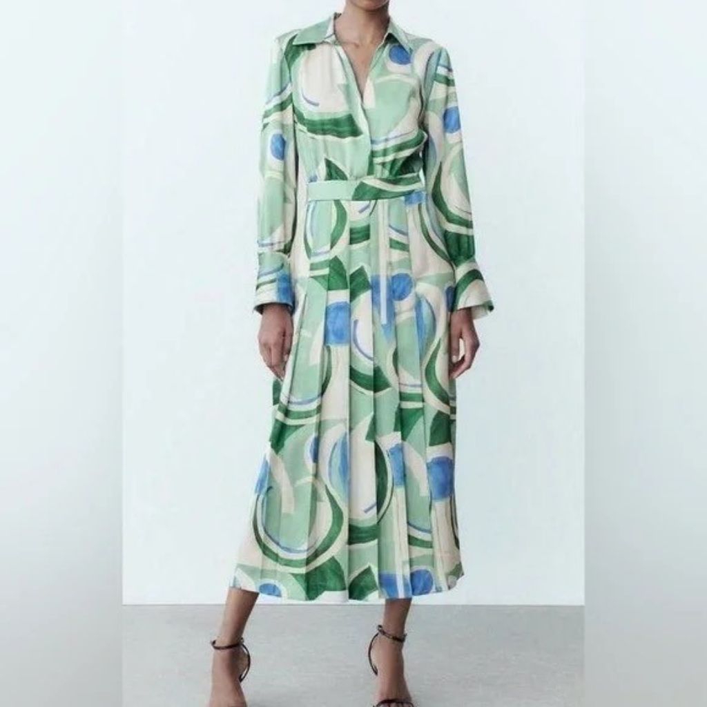 Preloved Zara midi dress satin effect printed long sleeve multicolor ZR.0073