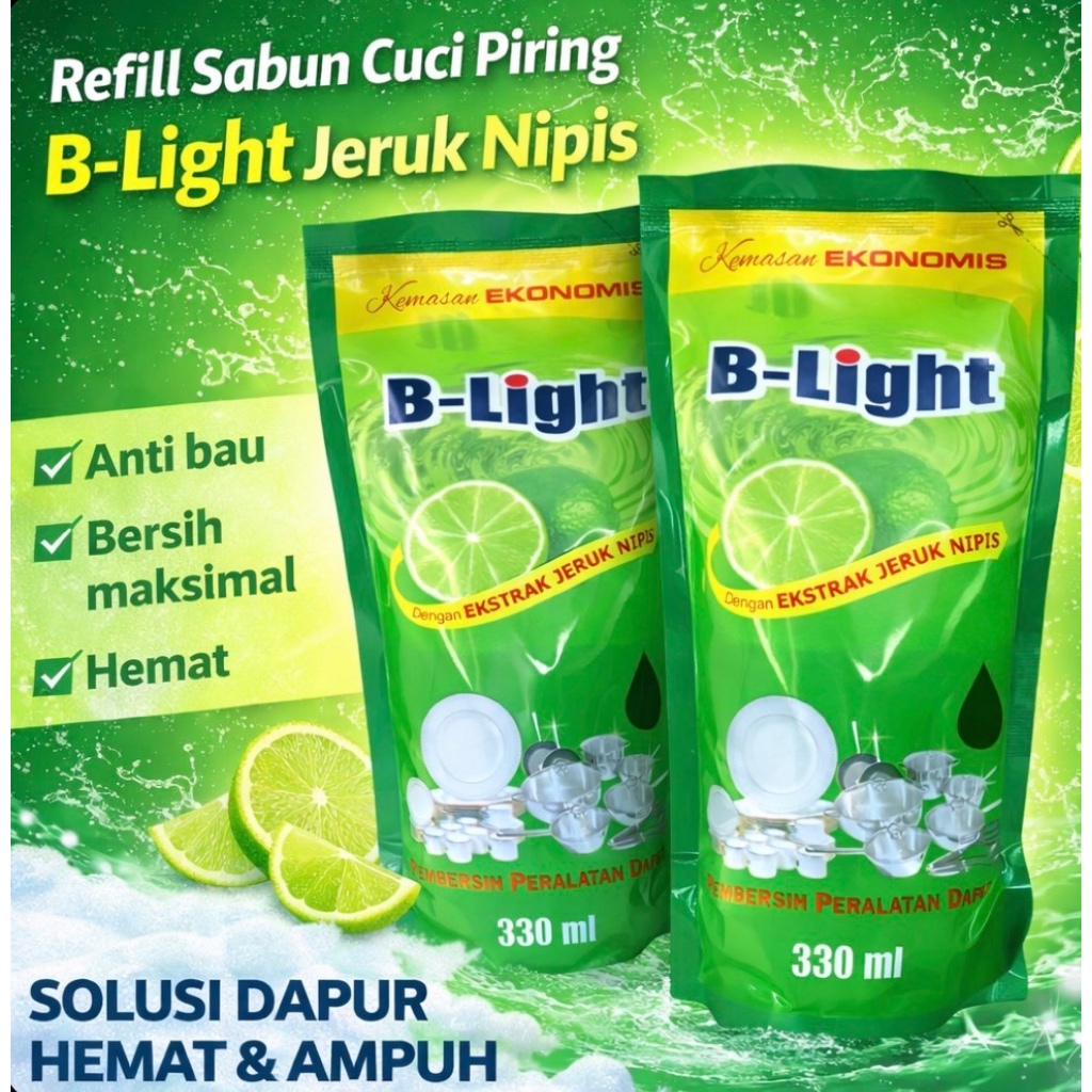 Refill Sabun Cuci Piring B-Light Jeruk Nipis 330ml Kemasan Ekonomis Pembersih Dapur Ampuh Angkat Lem