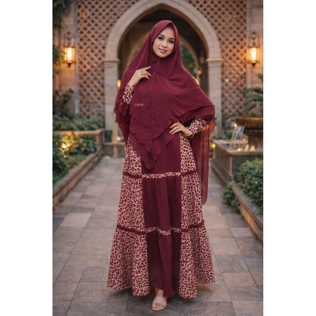 Gamis Syari Ceruty Premium Motif Leopard Maroon Dress Muslim Wanita Jumbo Khimar Set Elegant