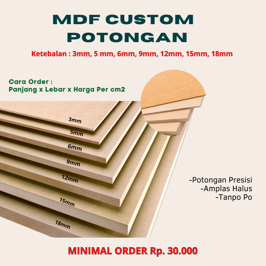 MDF 3mm 5mm 6mm 9mm 12mm 15mm 18mm | Potongan Custom Ukuran Lembaran Kayu MDF Board