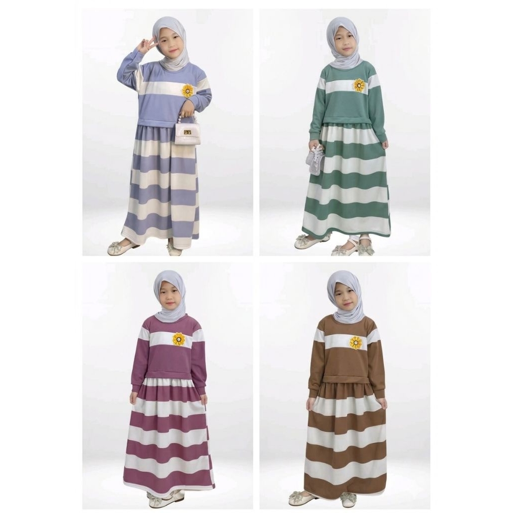 Lengkap Baju Gamis Anak Perempuan Motif Garis Free Bros BungaSimpel Dress Muslim Anak Stripe Series 