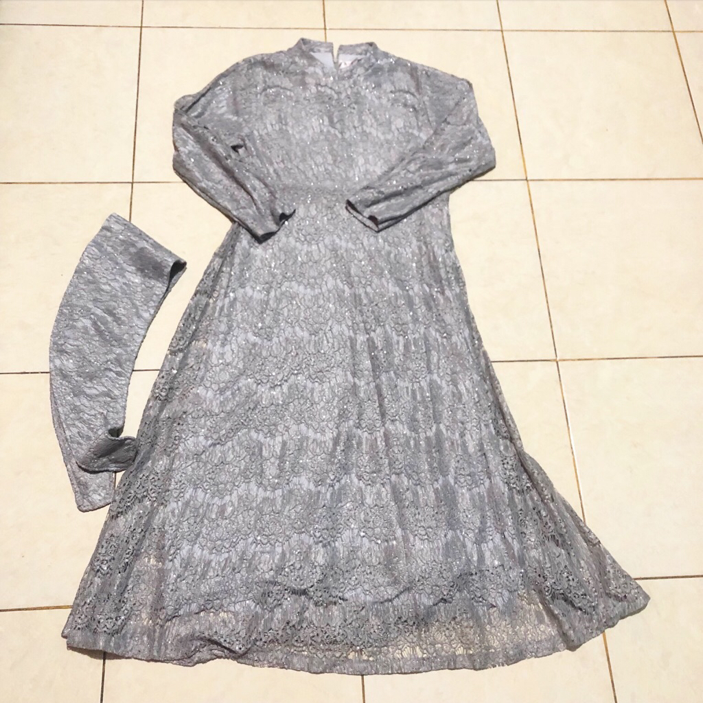 Gamis abu abu grey long dress baju lebaran brukat  semi kebaya lace brokat