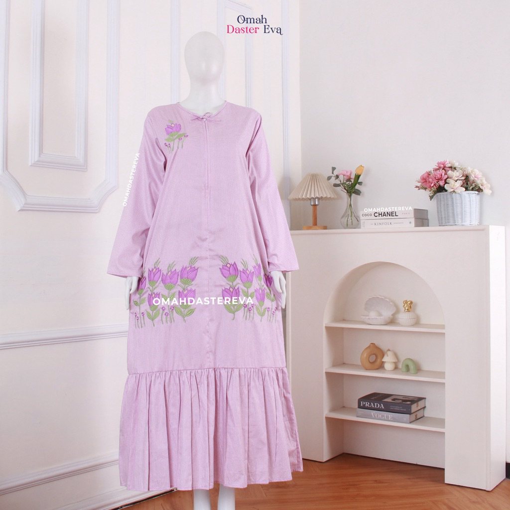 Omah Daster Eva | Daster Wanita Panjang Rumbai Bordir Cantik Malang Size XL | Katun Jepang Premium |