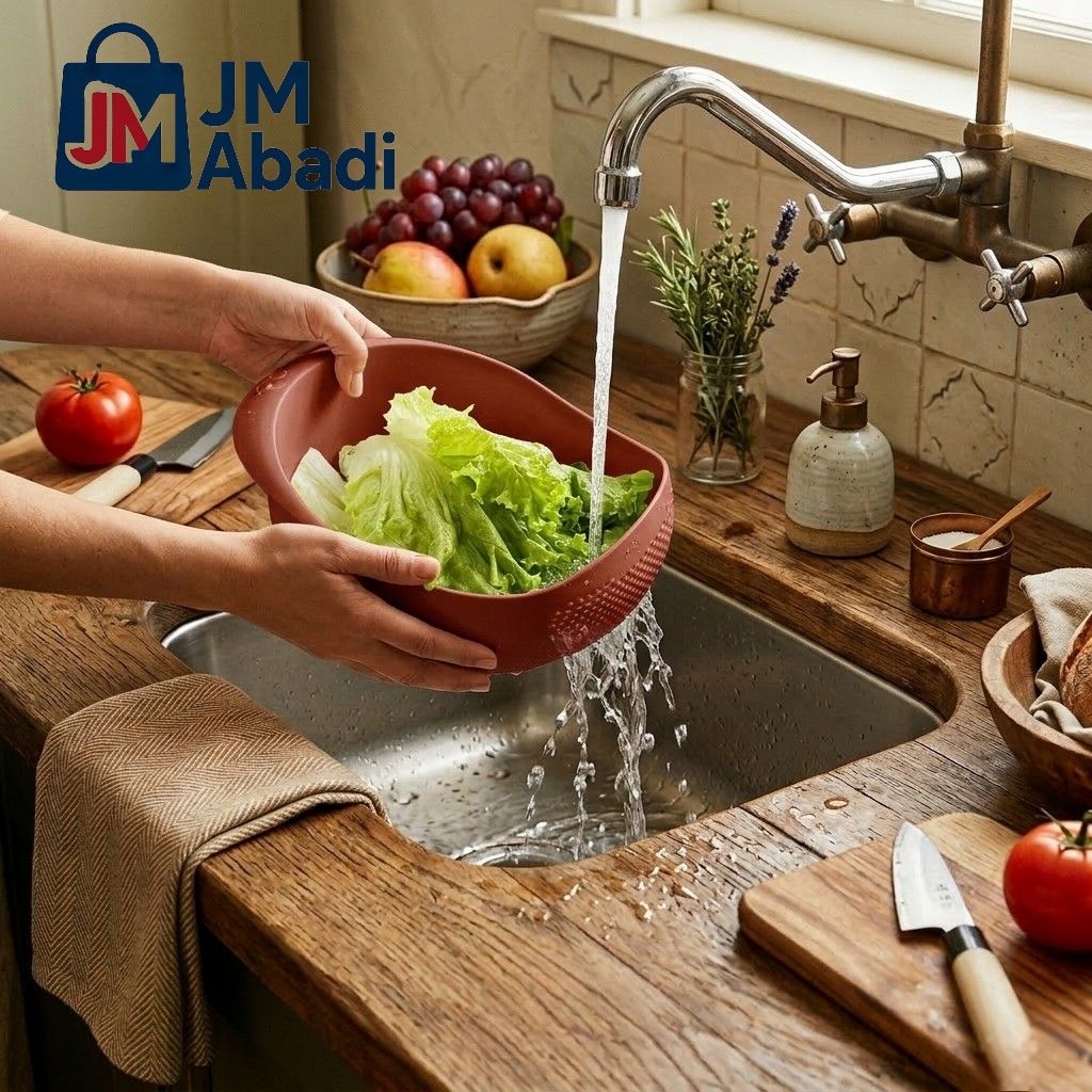 Wadah Cuci Beras Sayur Buah Multifungsi dengan Saringan – Praktis, Tebal, dan Anti Tumpah