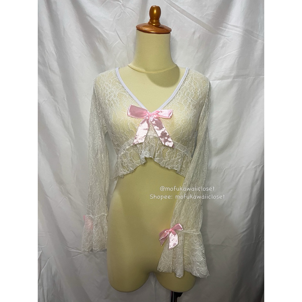 [READY Daily Kawaii Y2K Coquette Mori Goth Vintage Outfit] Outer Bolero Brukat Floral White n Pink R