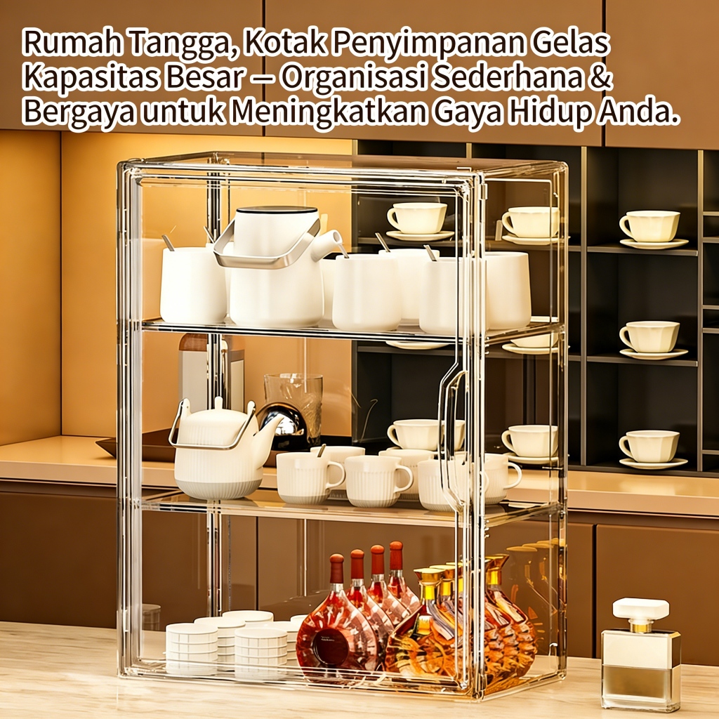 Rak Gelas Anti Debu Tempat Penyimpanan Gelas Tertutup Organizer Magnetik Rak Dapur Sederhana