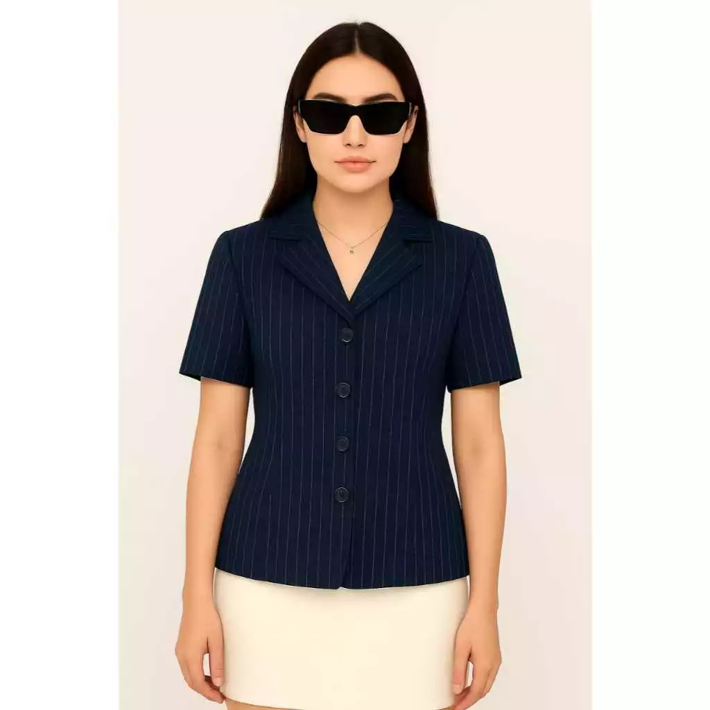 Fitted Stripe Shirt Blazer Semi Wool Atasan Wanita Lengan Pendek blazer formal & casual terbaru 2026