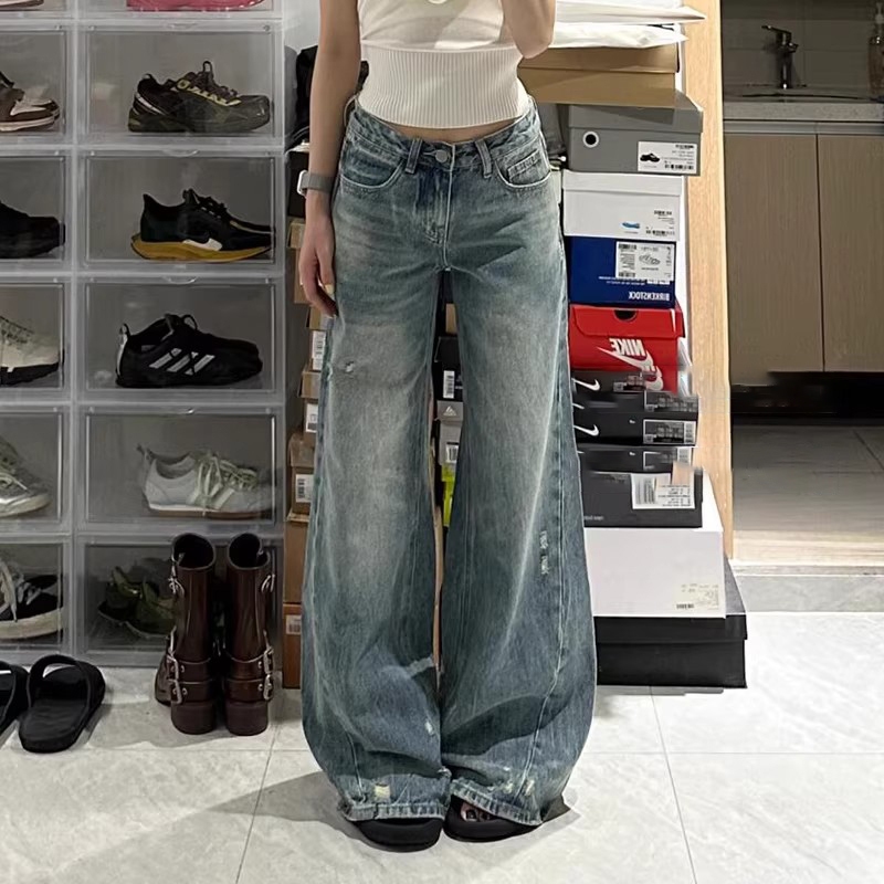 YOYO - Celana Baggy  Kaki Lebar Wanita Highwasit Terbaru Kulot Jeans Wanita Robek Retro Biru Jeans P
