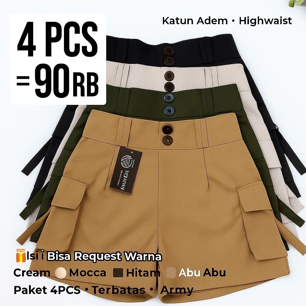 [4 PCS] Celana Pendek Hotpants Cargo Wanita Katun Adem – Hanya 90RB Hotpants Highwaist Kekinian