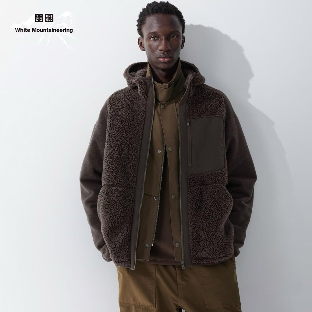 UNIQLO x White Mountaineering Fleece Full-Zip Long-Sleeve Hoodie in Dark Brown