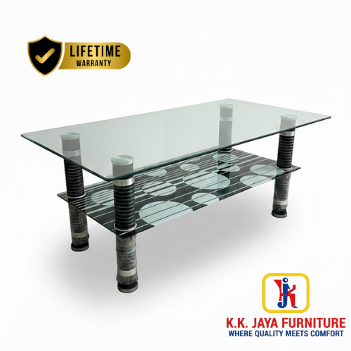 Meja Tamu Kaca Minimalis Modern dengan Rak Bawah Motif Bulat & Kaki Spiral Hitam - 08