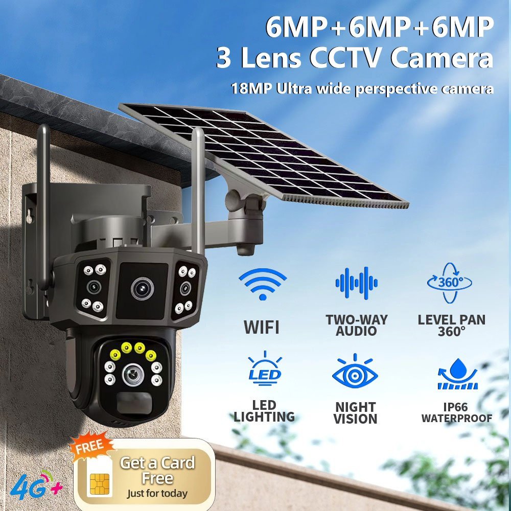 V380 Pro CCTV 3 Lensa Solar Kamera Outdoor Smart Camera PTZ 4G SIM WIFI HD Outdoor IP67 Waterproof P