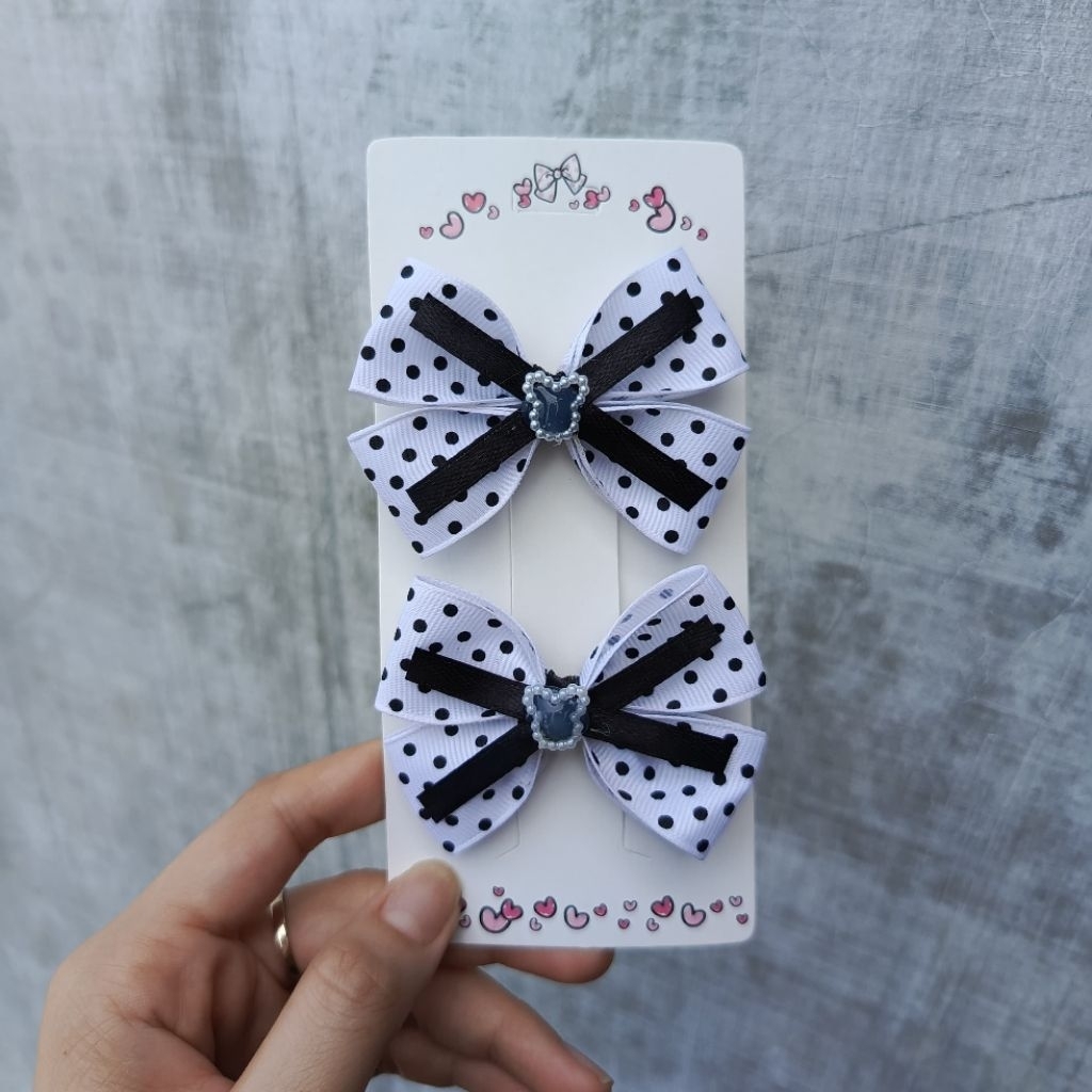 Set jepit pita rambut anak polkadot hitam putih