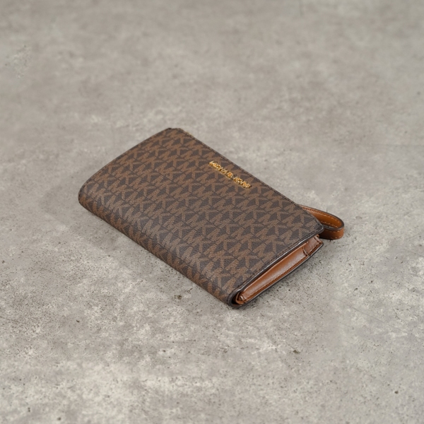 Dompet MK MONOGRAM BROWN CAMEL FLAP BIFOLD LONG WALLET WITH HANDLE 100% ORIGINAL