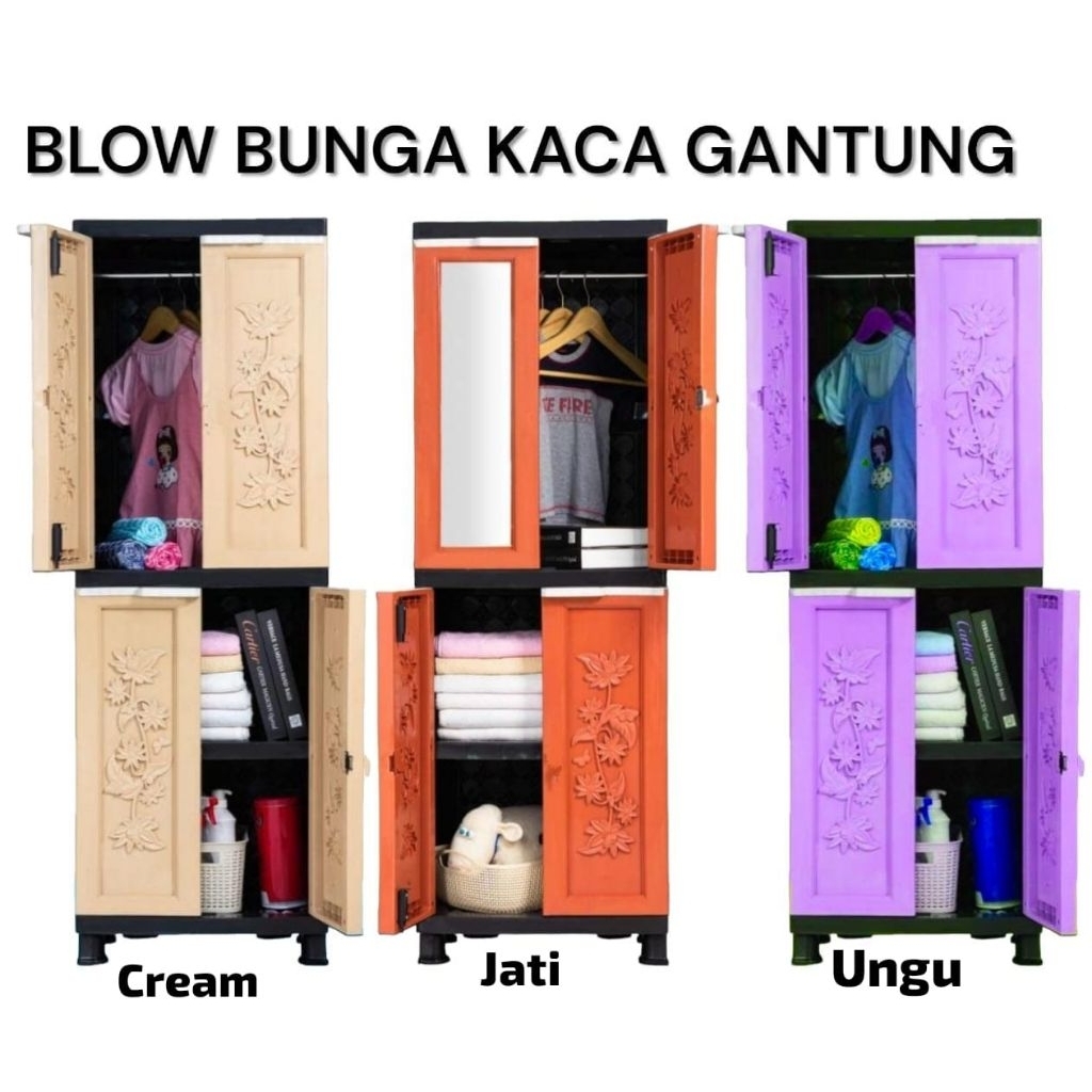 Lemari Pakaian Plastik 3 Susun + Gantungan dan Kaca Motif Bunga