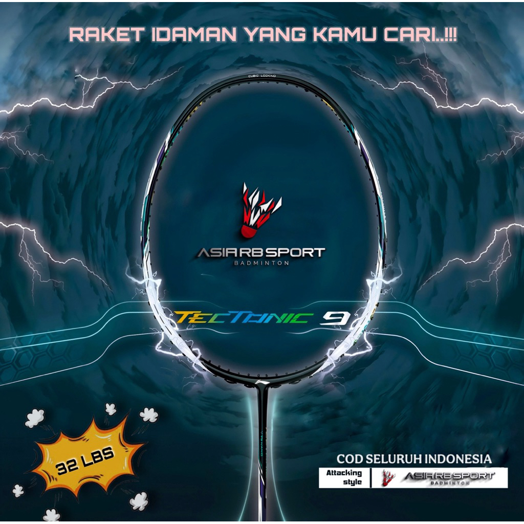 Raket Badminton Bulutangkis Lining Tectonic 9/7 Ringan 4U 80gram 32lbs Siap Pakai