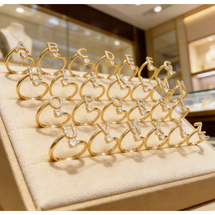 Cincin Wanita Emas 24K - Desain elegan dengan 26 huruf ukuran dapat disesuaikan cocok untuk pemakaia