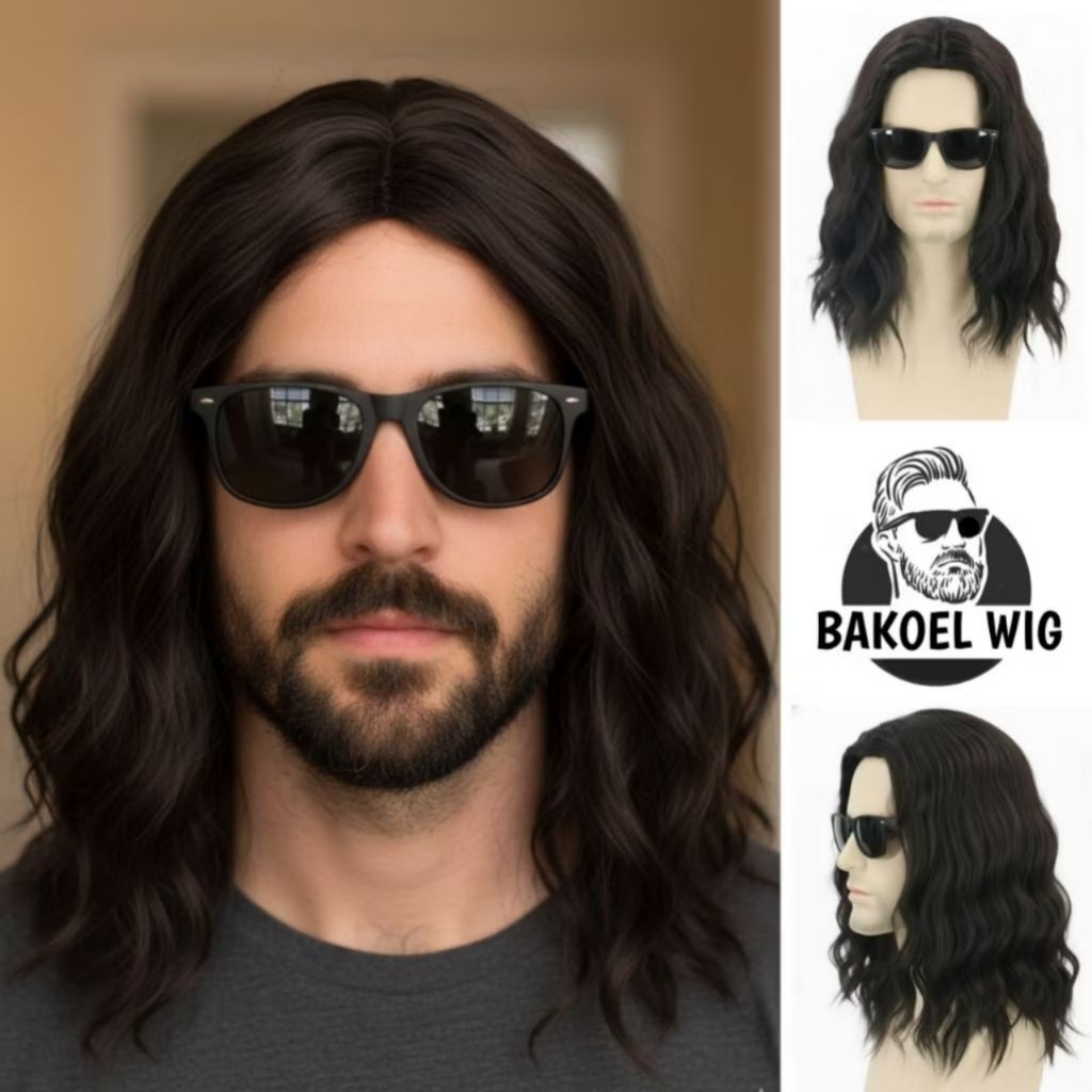 Rambut Palsu Pria Gondrong Belah Tengah/Wig Gondrong Belah Tengah Bergelombang