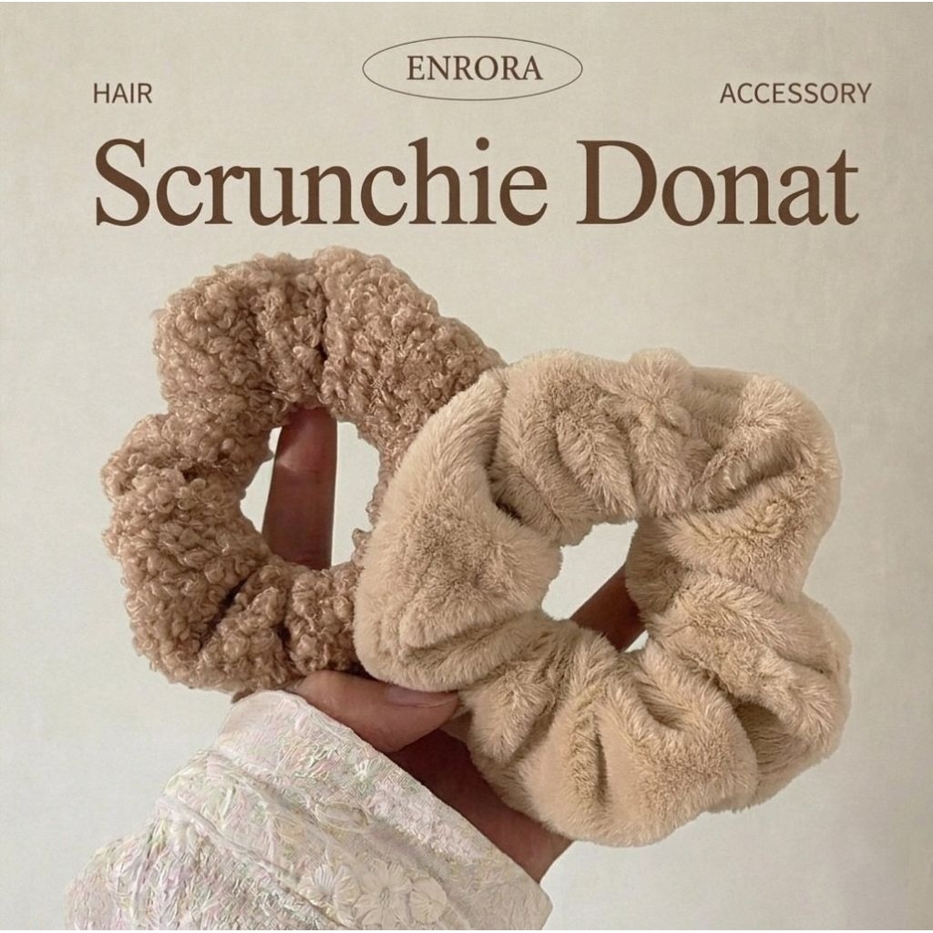 ENRORA - Ikat rambut donat jumbo, Ikat rambut bulu fluffy plush, Scrunchie donat tebal lucu