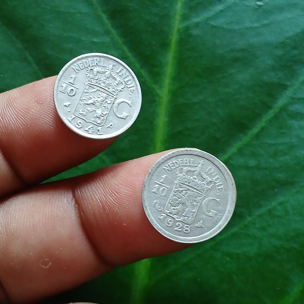 Koleksi 2 Biji Koin Perak Kuno Nederland Indie 1/10 Gulden