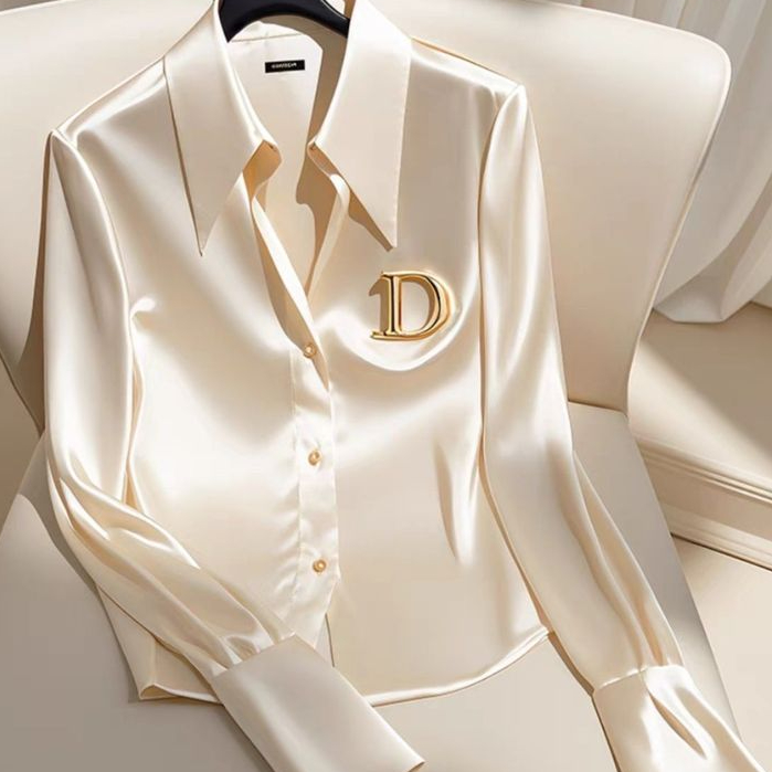 Kemeja wanita lengan panjang gaya Prancis, blus putih satin yang jatuh anggun.