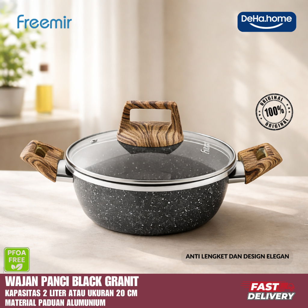 freemir Wajan Panci Granit Black Granit 20cm Anti Lengket Serbaguna Pegangan Kayu Anti Rayap