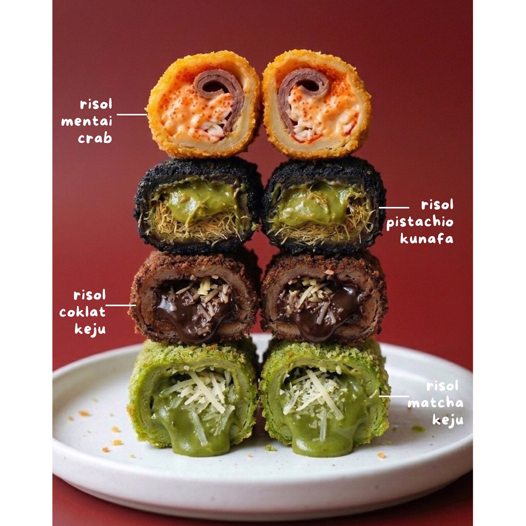 Risoles frozen Coklat Keju, Matcha Keju, Mentai crab, Pistachio Kunafa