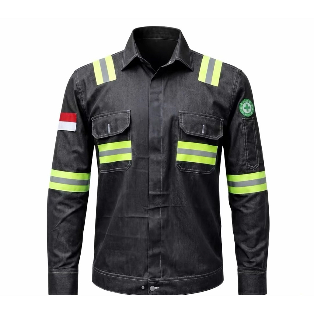 kemeja safety jeans wearpack safety pria kemeja atasan lengan panjang mekanik warna black blue jeans