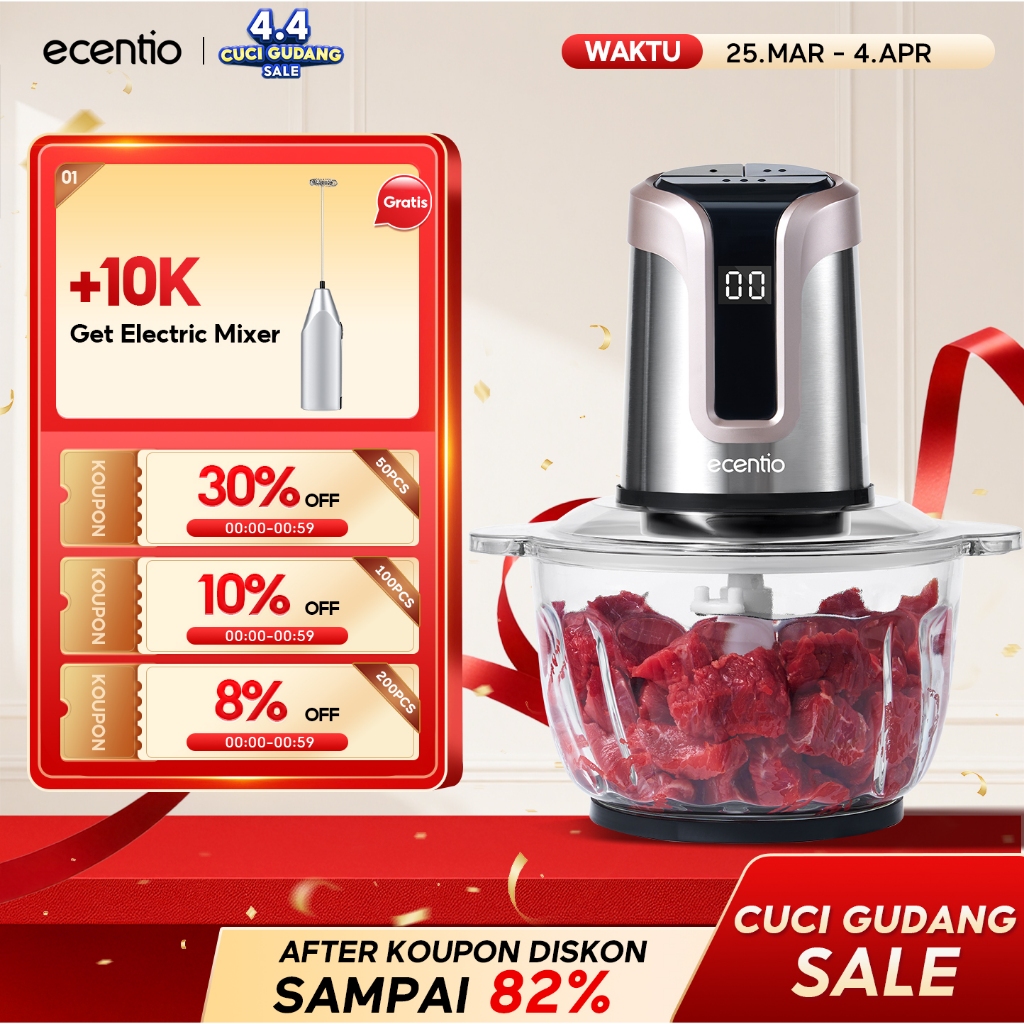 ecentio LED Display Penggiling Daging Multifungsi 3 Kecepatan Food Processor 2L 6 Mata Pisau Mesin G