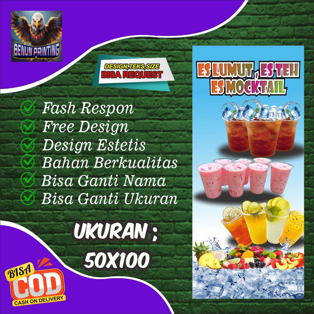 Banner Spanduk Es Lumut,Es Teh & Es Mocktail Custom 50x100 Cm