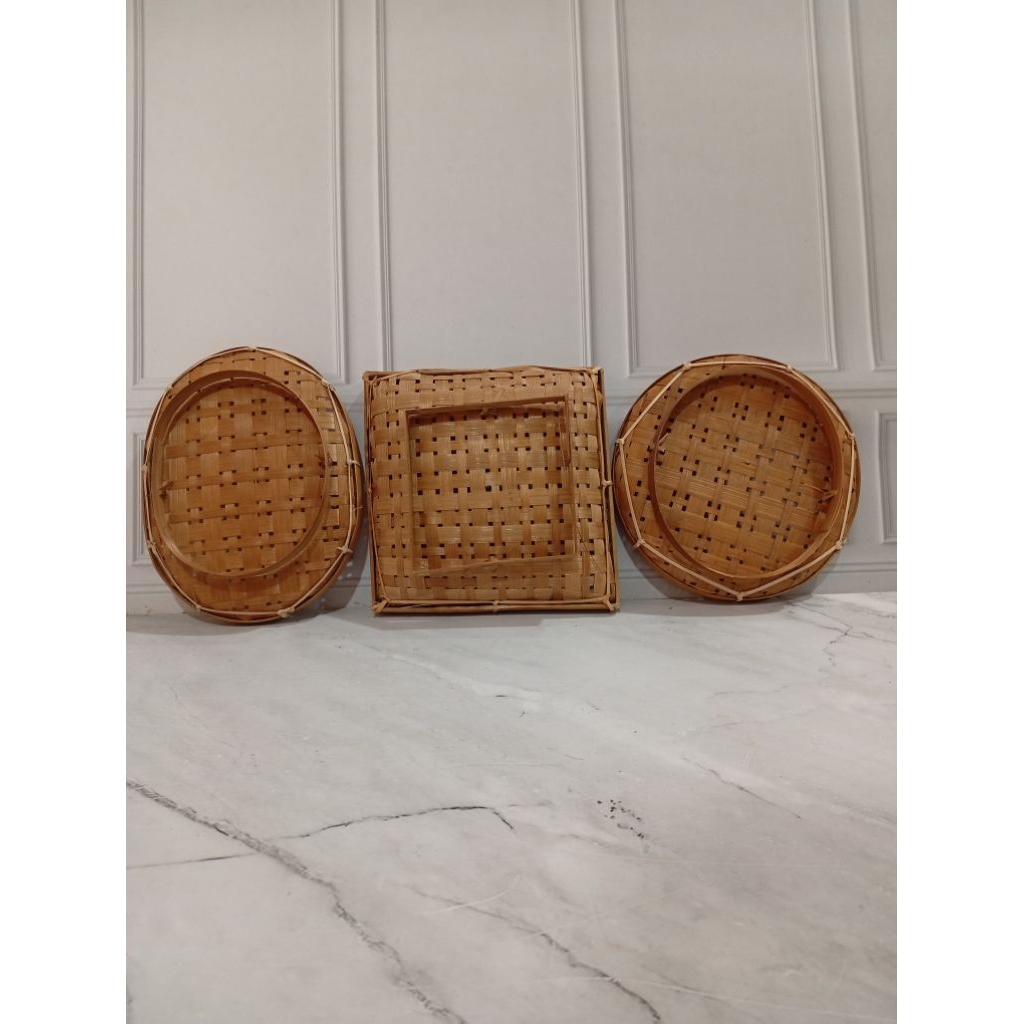 piring anyaman bambu bulat kotak oval/piring antik anyaman