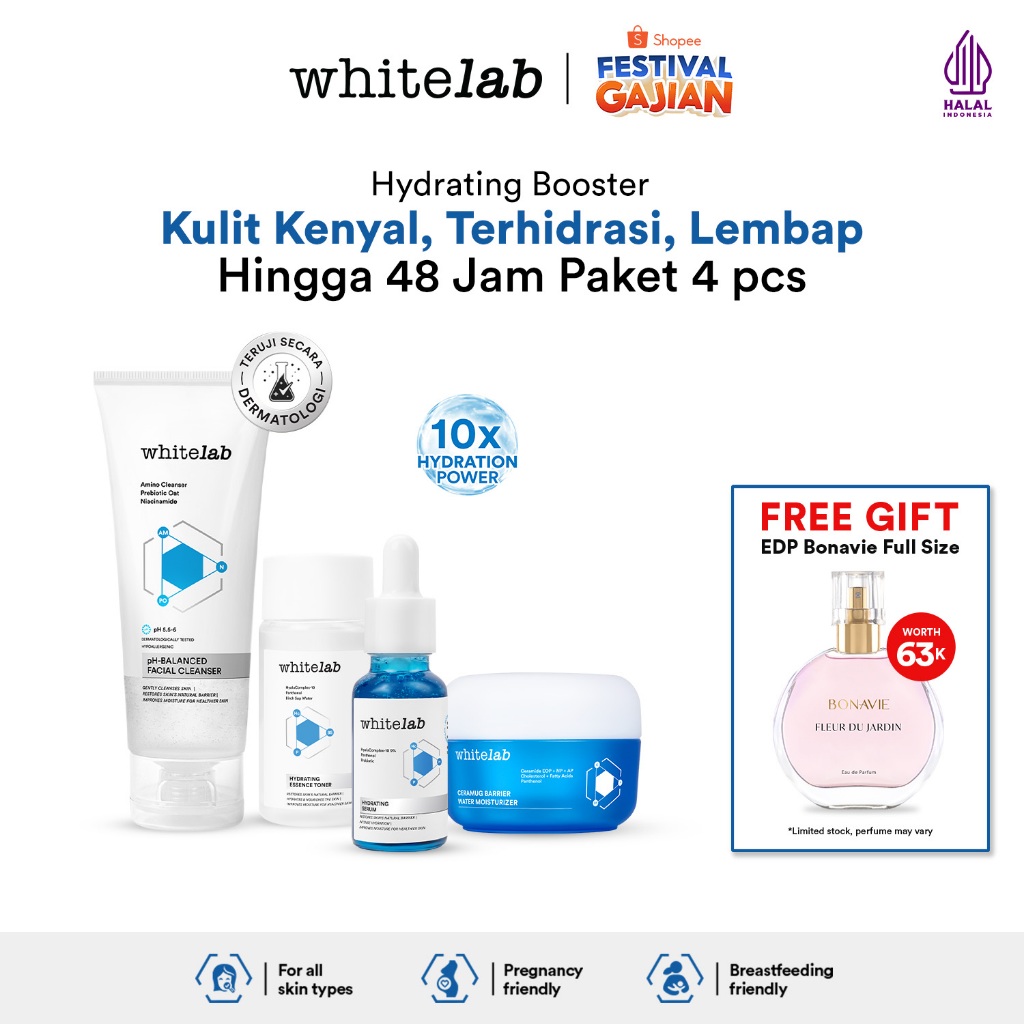 Whitelab Hydrating Series - Facial Cleanser, Essence Toner, Serum, Moisturizer, Sleeping Mask Paket 