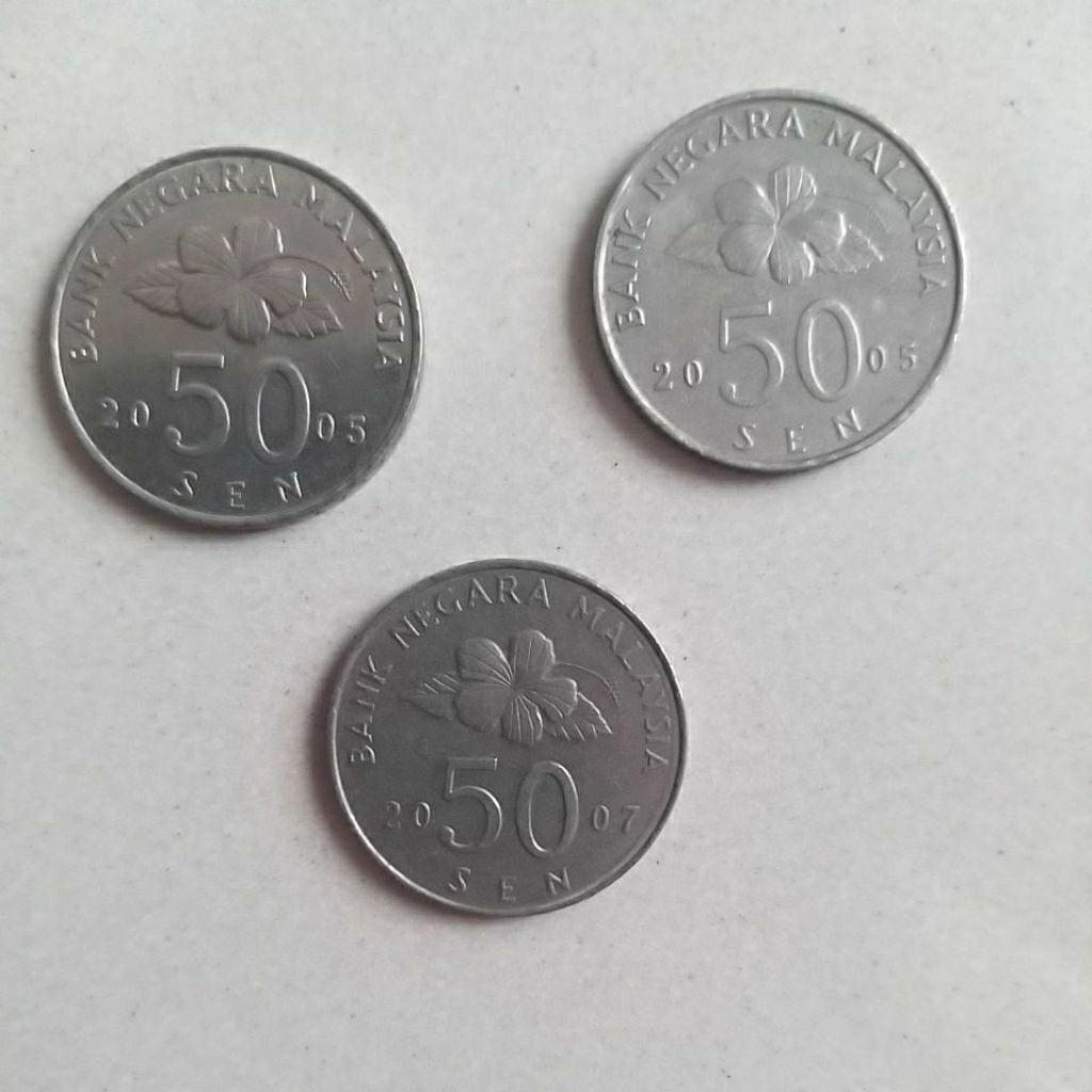 uang koin lama malaysia 50 sen, harga tertera untuk 3 koin