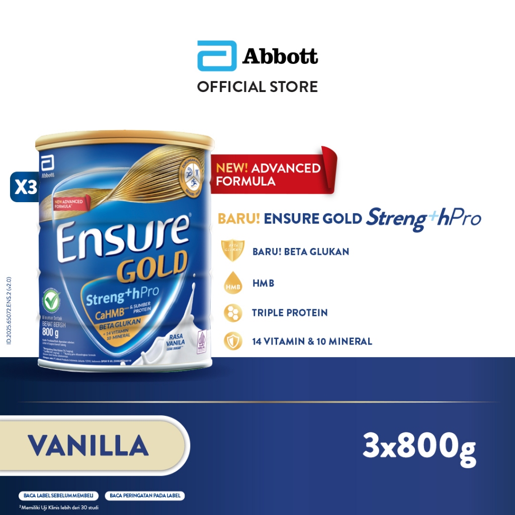 Ensure Gold StrengthPro Vanila 800 g - Nutrisi Dewasa Rendah Laktosa - 3 pcs