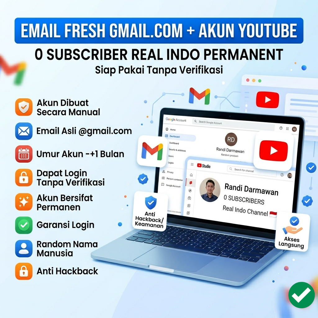 Akun Email Gmail.com + Akun Youtube 0 Subscriber Real Indo Permanent Siap Pakai Tanpa Verifikasi