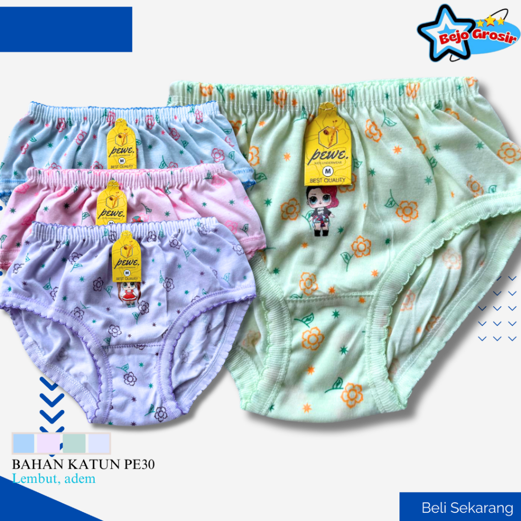 12 Pcs Grosir CD Karakter Bunga Full Print cewek umur 1-10 tahun Tebal Murah merek Pewe | Celana Dal