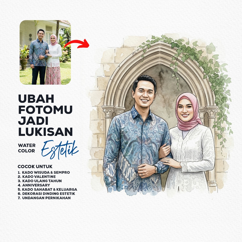 Jasa Edit Foto Jadi Lukisan Wajah Cat Air Custom Sehari jadi | Kado Wisuda, Valentine, Ulang Tahun, 