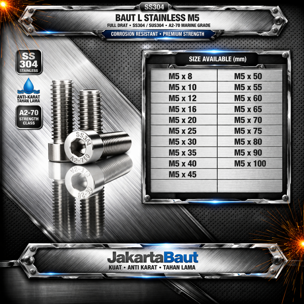 Baut L Stainless M5X45 / 5X45 / M5 X 45 / 5 X 45 Full Drat SS304 / SUS304 / A2-70